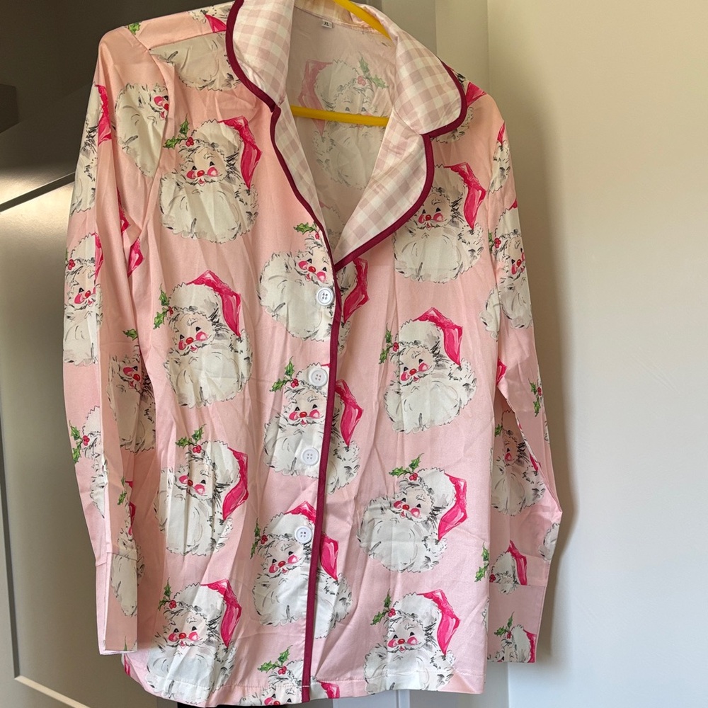 Pink Santa Kitty Button-Up Pajama Top
